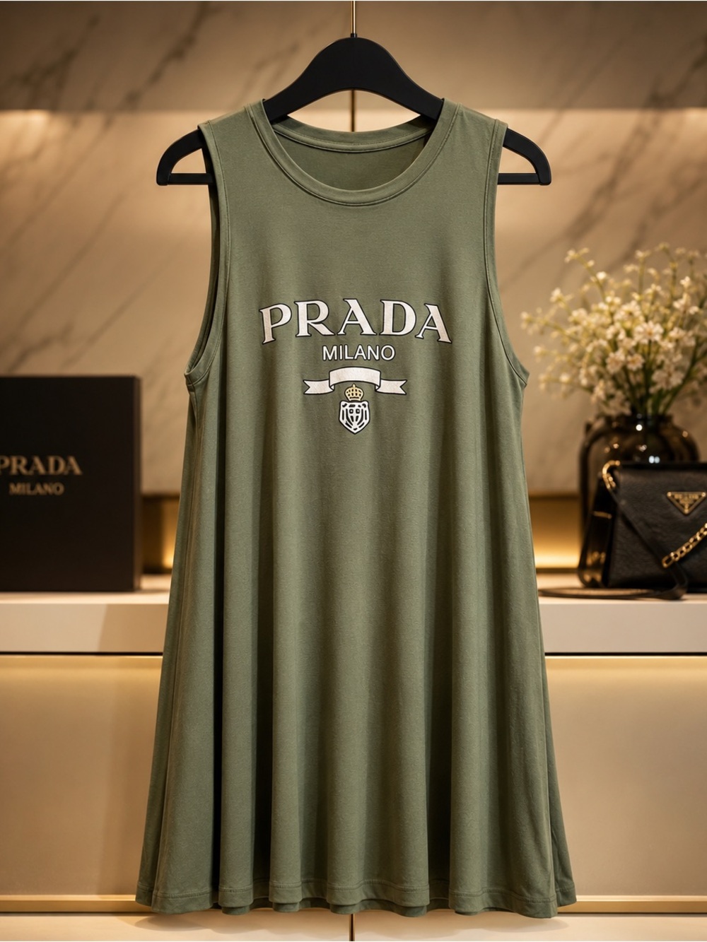 Plus Size Olive Green Sleeveless Logo Dress with Pockets